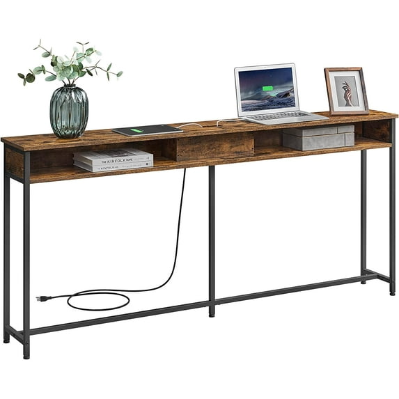 Narrow Console Table 70.9" with 2 Outlet and 2 USB Ports Sofa Table with Charging Station Long Entryway Table for Hallway Living Room Rustic Brown and Black