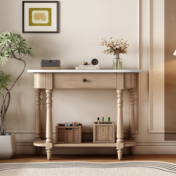 Narrow Console Table with Curved Corner, Top Drawer and Open Shelf, Retro Sofa Table Console Tables for Entryway, Hallway and Living Room, Beige+White
