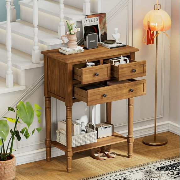 Narrow Console Table with Drawers and Storage Shelves, Farmhouse Sofa Tables for Living Room, Entrance Tables for Front Door Corridor, Office, Natural