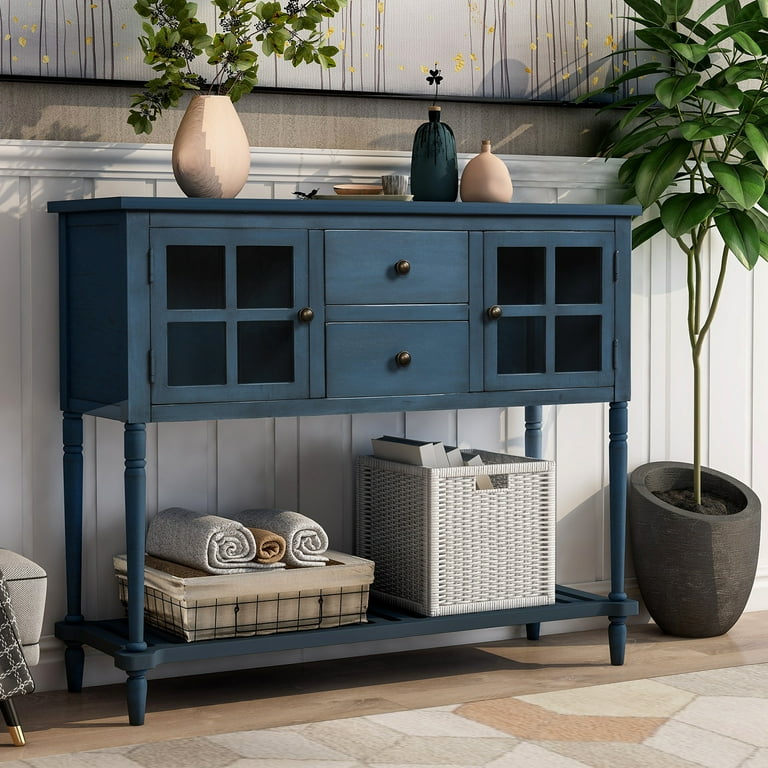 Narrow Console Table for Entryway Farmhouse Wood Buffet Sideboard with Bottom Shelf and Glass Door Classic Accent Sofa Table Storage Cabinet for