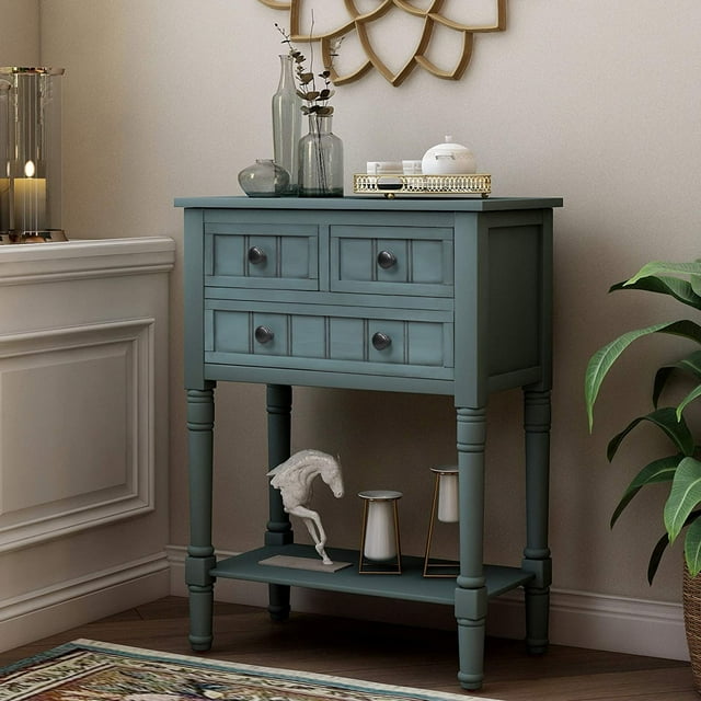 Narrow Console Table Entryway Table Slim Sofa Table with Three Storage Drawers and Bottom Shelf Wood Side Table for Living Room
