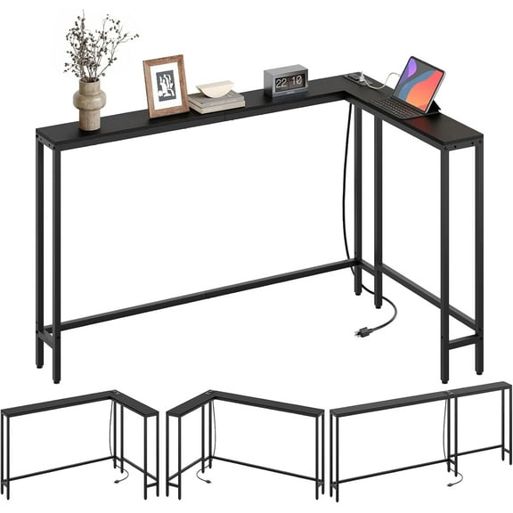 Narrow Console Table with Outlets, 70.9" Sofa Table Narrow Long, L Shaped Behind Couch Entryway Table with Station, for Room, Hallway, 3 Assembly Options, Black CT07UBB