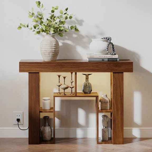 Narrow Console Table with RGB LED Lights & Outlets, 43.3" Slim 3-Tier Sofa Table Behind Couch, Modern Wood Entryway Table with USB Ports for Living Room, Walnut