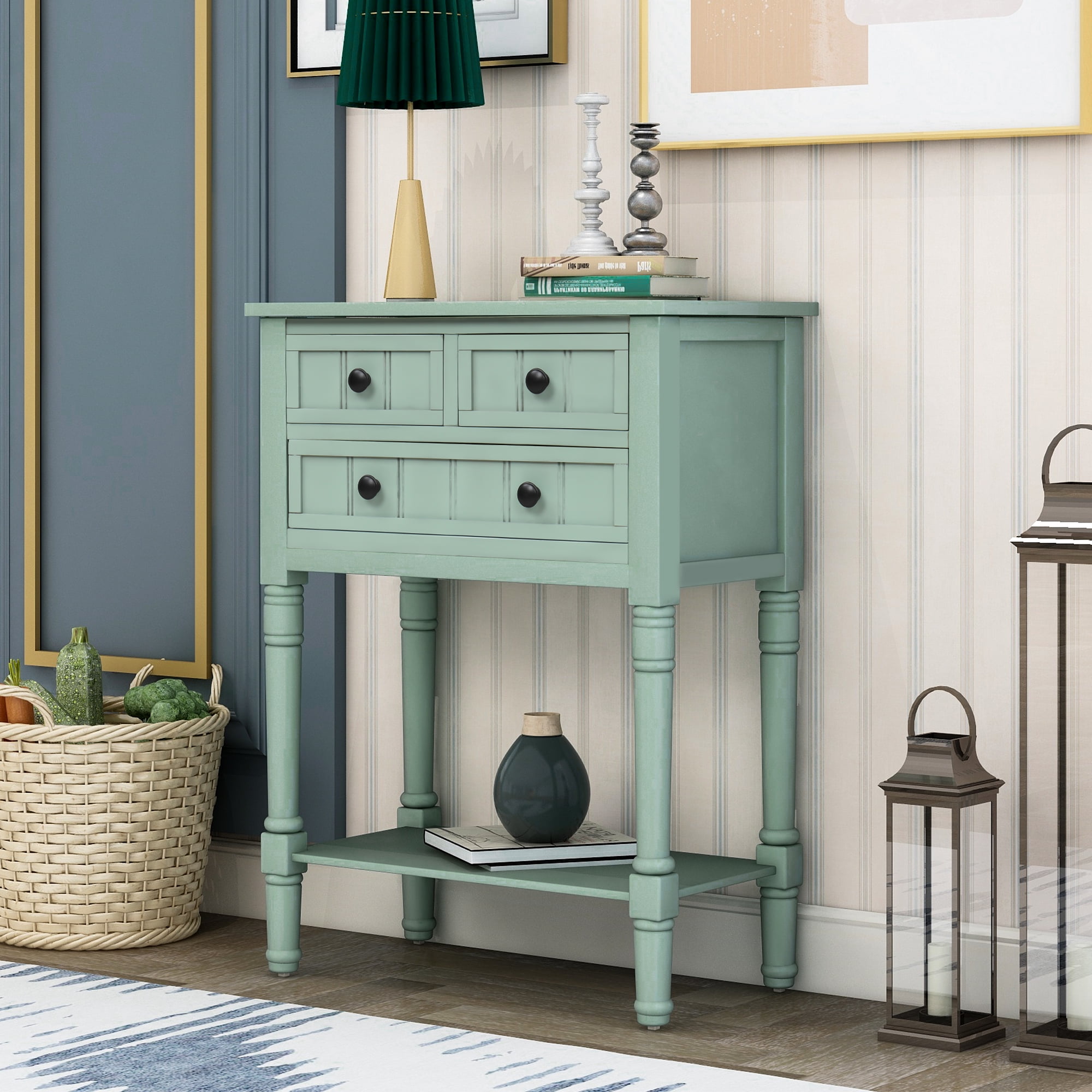 Narrow Console Table,Rustic Entryway Table Slim Sofa Table with Three Storage Drawers and Bottom Shelf,Wood Side Table for Living Room,Easy Assembly(Retro Blue)