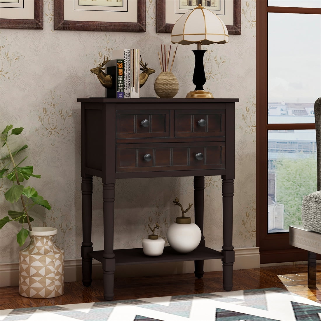 Narrow Console Table Slim Sofa Table with Three Storage Drawers and Bottom Shelf Modern Wood Storage Side Table for Living Room Entryway Hallway