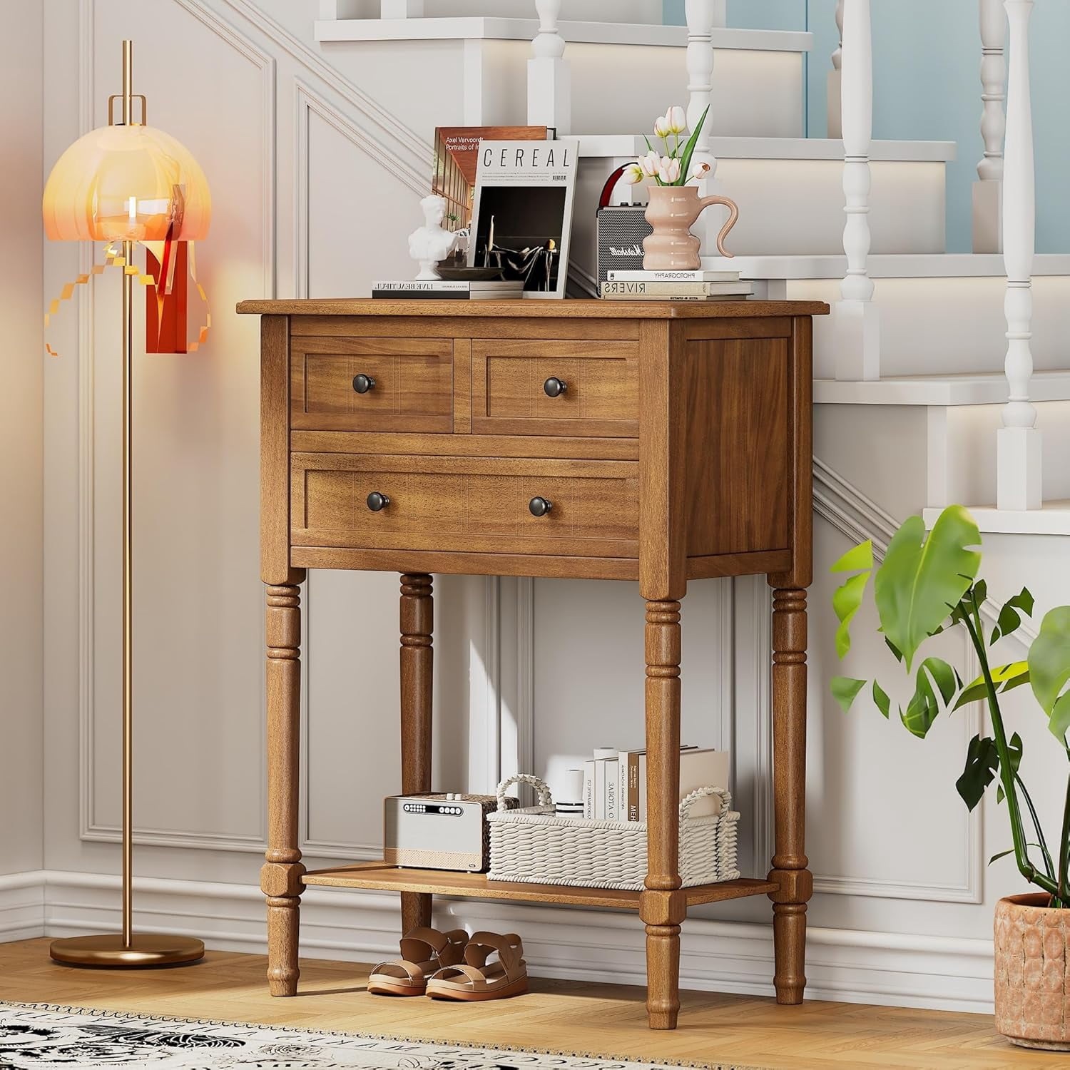 Narrow Console Table, Slim Sofa Table with Three Storage Drawers and ...