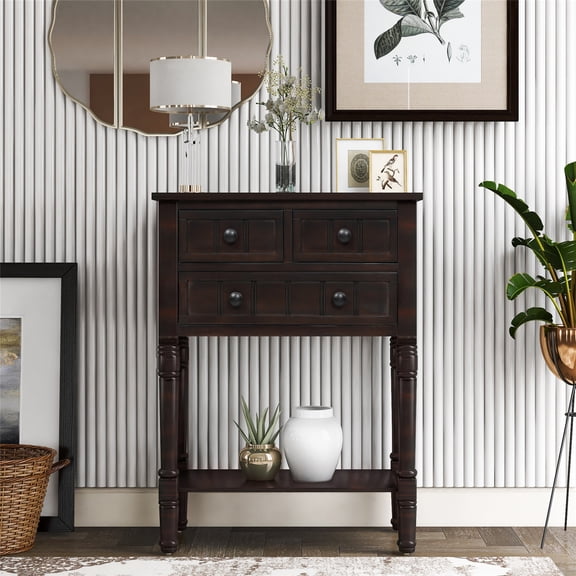 Narrow Console Table, Solid Wood Slim Sofa Table with Three Storage Drawers and Bottom Shelf Entryway Table Sideboard Buffet with Carved Legs, Multifunctional Storage Cabinet for Living Room, Espresso