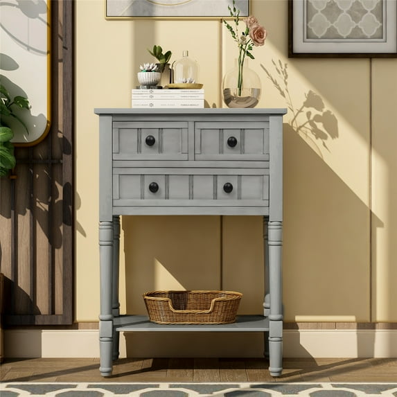 Narrow Console Table, Solid Wood Slim Sofa Table with Three Storage Drawers and Open Bottom Shelf, Classic Multifunctional Storage Cabinet for Entryway Living Room, Easy Assembly, Gray