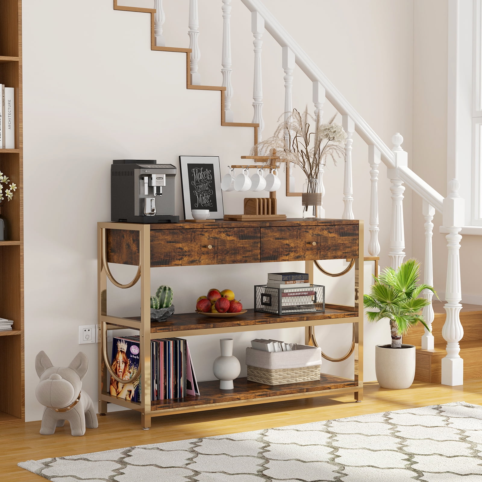 Narrow Console Table with 2 Drawers,Entryway Table with 3-Tier Storage ...