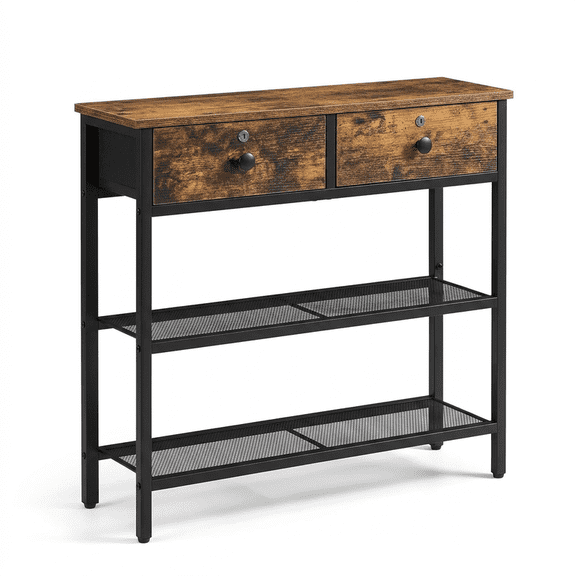 Narrow Console Table with 2 Fabric Drawers and 3 Tier Storage Shelves