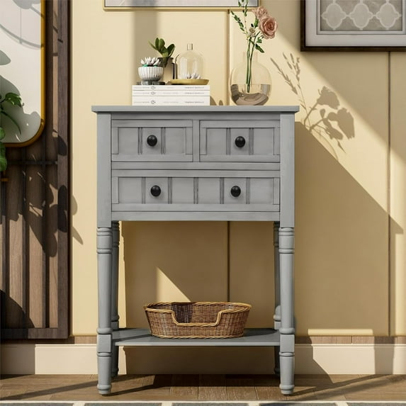 Narrow Console Table with 3 Storage Drawers, 13" x 23.7" x 31.1" Wooden End Table, Small Entryway Table Sofa Table for Living Room Bedroom, Grey