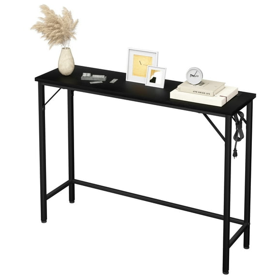 Narrow Console Table with Charging Station, Industrial Entryway Sofa Table with 2 Outlets and 2 USB Ports.