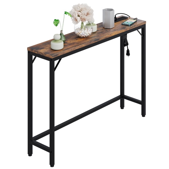 Narrow Console Table with Charging Station, Industrial Entryway Sofa Table with 2 Outlets and 2 USB Ports.