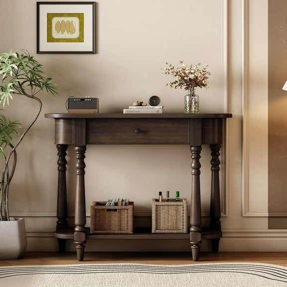 Narrow Console Table with Drawer, Vintage Entryway Sofa Table with Curved Corners & Open Shelf