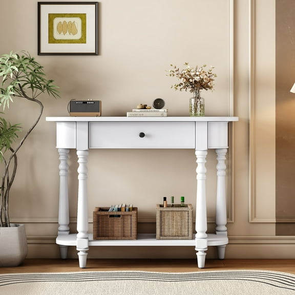 Narrow Console Table with Drawer, Vintage Entryway Sofa Table with Curved Corners & Open Shelf