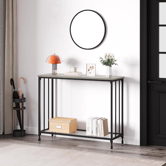 Narrow Console Table with Glass Shelves, 2-Tier Small Entryway Sofa Table, Accent Side Table for Living Room, Hallway, Bedroom, Home Office,Grey