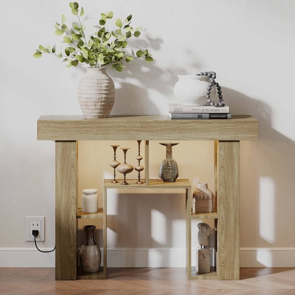 Narrow Console Table with RGB Lights & Outlets, 43.3" Slim 3-Tier Sofa Table Behind Couch, Modern Wood Entryway Table with USB Ports for Living Room