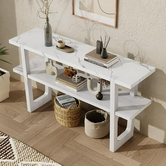 Narrow Console Table with Shelves, Modern Sofa Table with Wood Frame for Living Room/Hallway/Foyer, Entrance Table, Entryway Table (Antique White)