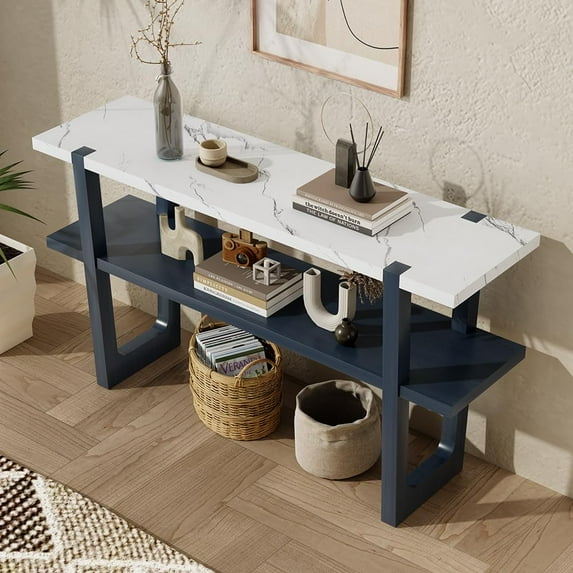 Narrow Console Table with Shelves, Modern Sofa Table with Wood Frame for Living Room/Hallway/Foyer, Entrance Table, Entryway Table (Navy)