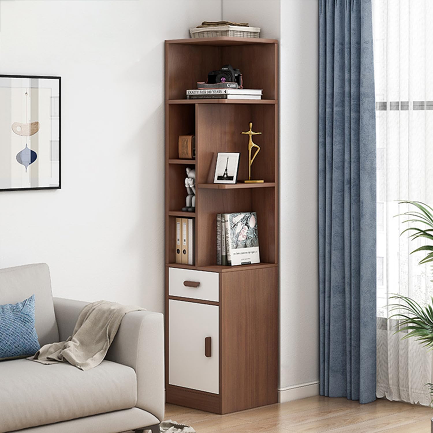Narrow Corner Bookcase with Storage 72.6" Tall Freestanding Skinny