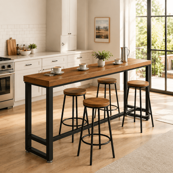 Narrow Counter Height Bar Table, Solid Wood Farmhouse Pub Table with Sturdy Metal Legs, 2" Thick Tabletop, 16" Deep High Top Breakfast Bar Table for Small Spaces, Behind Sofa Console Table, Kitchen