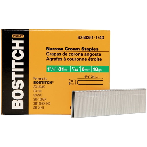 Stanley Narrow Crown Finish Staples - 18 Gauge, 1-1/4" x 7/32"  Residential Use, Standard Application