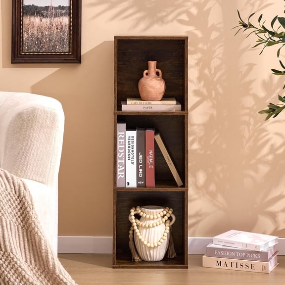 Narrow Cube Storage Cabinet, 3-Cube Wood Bookcase, Freely Stackable & Modular Shelving Unit for Living Room, Bedroom, Home Office, TV Stand or Display, Brown