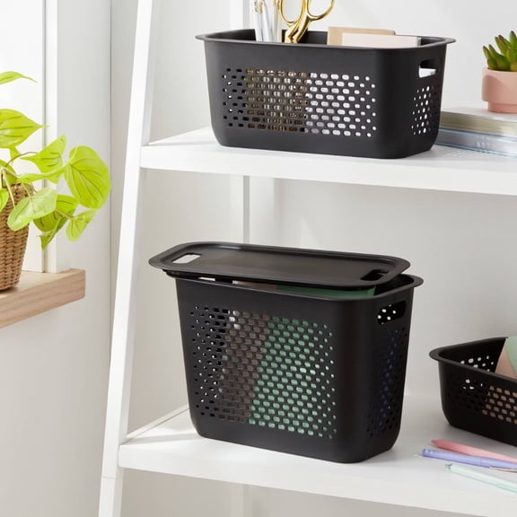 Narrow Decorative Plastic Lid Black Storage Bin, Cut-Out Handles, 13" Cube System Compatible