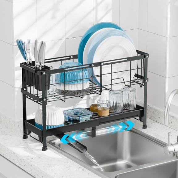 Narrow Dish Drying Rack, 2 Tier Small Dish Drainer for Kitchen Counter, Expandable Compact Dish Rack with Utensil Holder for RV/1-2 People, 15.7''-20.7''L x 7" D x 12.6" H, Black