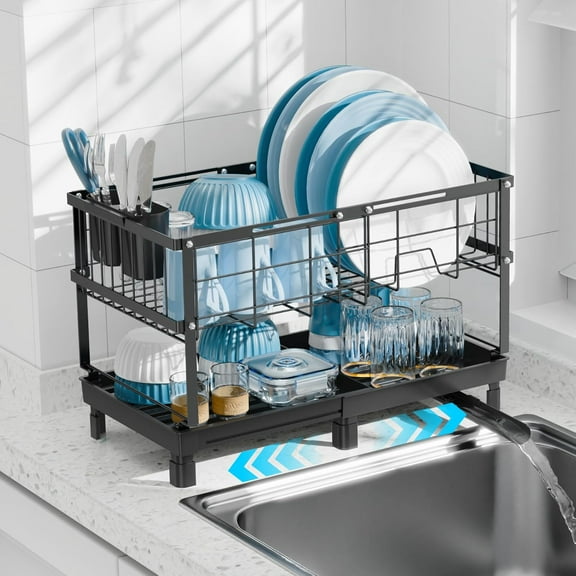 Narrow Dish Drying Rack, 2 Tier Small Dish Drainer for Kitchen Counter, Expandable Compact Dish Rack with Utensil Holder for RV/1-2 People, 15.7''-20.7''L x 7" D x 12.6" H, Black