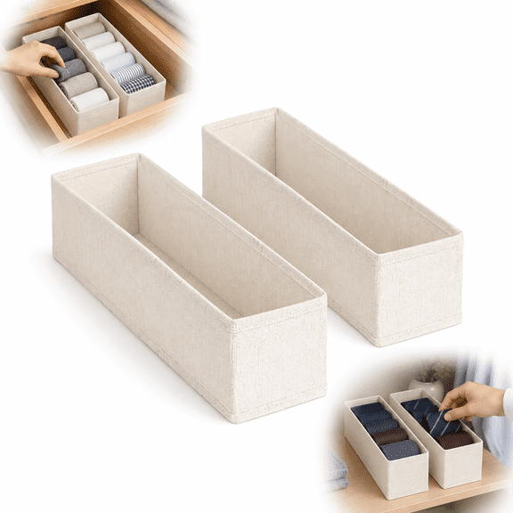 Narrow Drawer Organizer Set, 2 Pack Foldable Fabric Bins for Socks and Accessories, Beige, 12.99 x 3.94 x 3.94 in Each