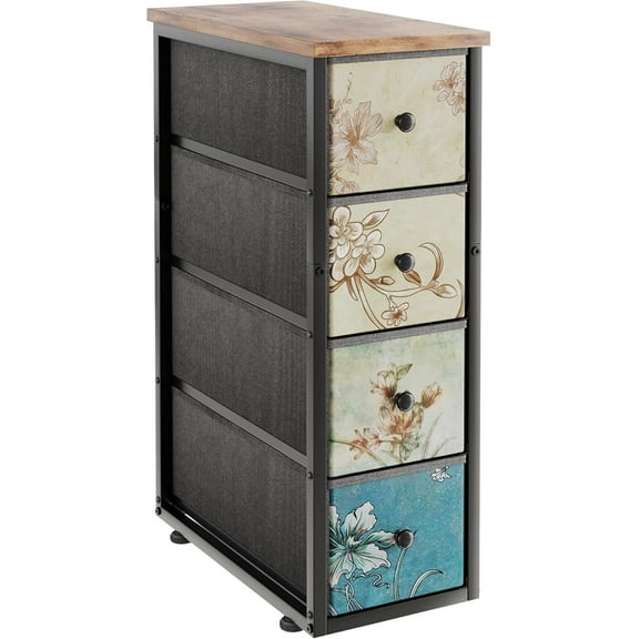 Narrow Dresser with 4 Drawers, Slim Fabric Storage Tower Chest of Drawers for Small Spaces, Retro Flower Dresser for Bedroom, Bathroom, Laundry, Vintage