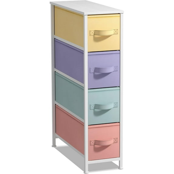 Narrow Dresser with 4 Drawers - Vertical Slim Storage Chest of Drawers with Steel Frame, Wood Top & Easy Pull Fabric Bins for Small Spaces, Closets, Bedroom, Bathroom & Laundry