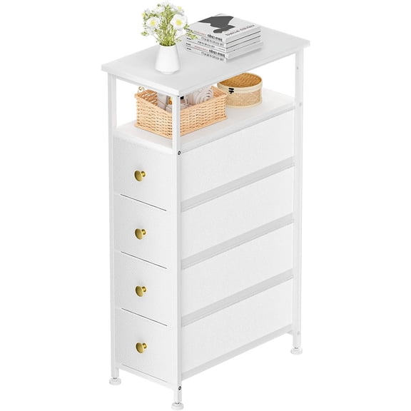 Narrow Dresser for Bedroom, Slim Dresser Storage Tower, Chest of 4 Fabric Drawers with Wood Shelf, Bathroom Organizers and Storage for Small Spaces, Laundry, Closet, White