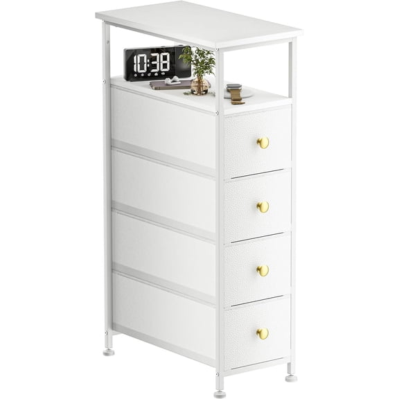 Narrow Dresser for Bedroom, Vertical Chest of Drawers with Shelf & 4 Drawers, Slim Dresser Storage Tower with Wood Top, Sturdy Frame, Leather Faux for Narrow Space, Bathroom&Laundry(White)