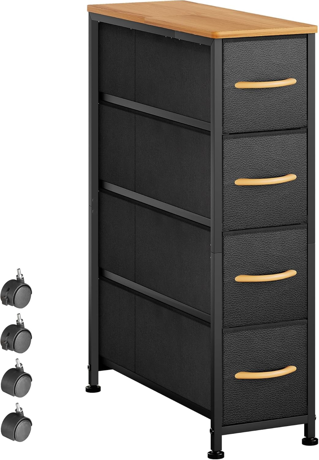 Narrow Dresser Storage Tower with 4 Drawers, Slim Dresser Chest of Drawers with Steel Frame ...