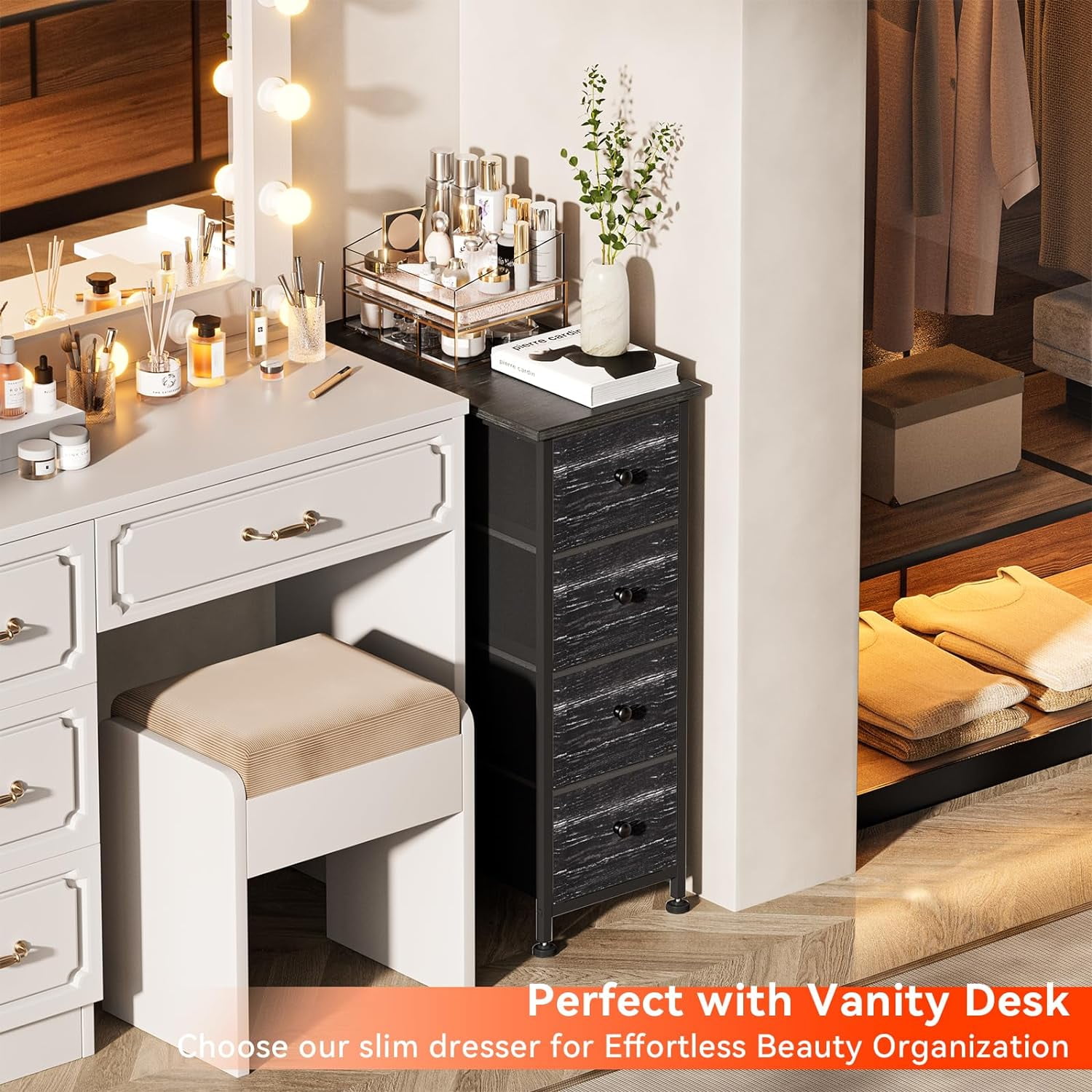 Narrow Dresser Storage Tower with 4 Drawers, Slim Dresser Chest of Drawers with Steel Frame ...