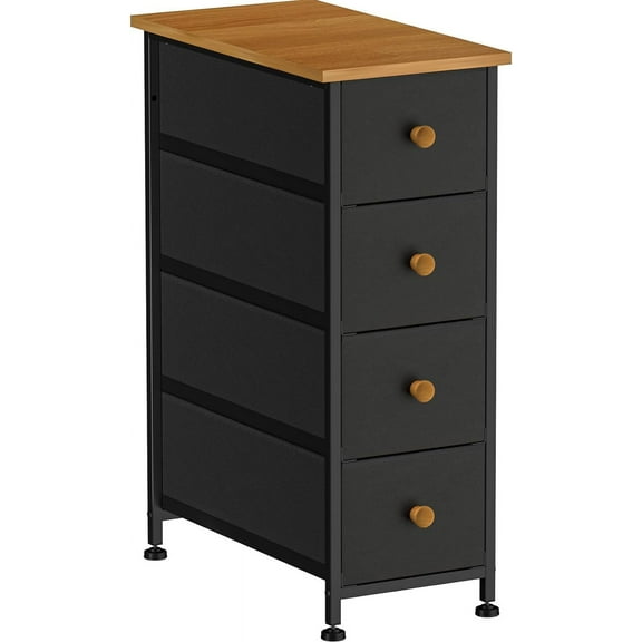 Narrow Dresser Storage Tower with 4 Drawers, Slim Dresser Chest of Drawers with Steel Frame, Wood Top, Golden Knobs, Black Dresser for Bedroom, Bathroom, Small Spaces, Laundry, Closet, Black