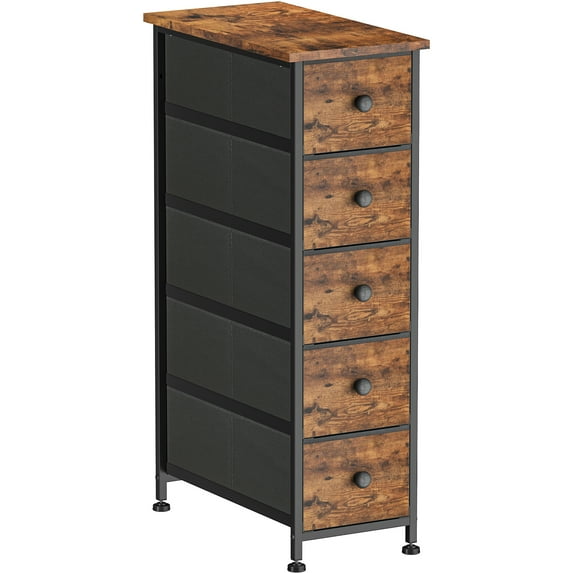 Narrow Dresser Storage Tower with 5 Drawers, Slim Dresser Chest of Drawers with Steel Frame, Wood Top, Golden Knobs, Black Dresser for Bedroom, Bathroom, Small Spaces, Laundry, Closet