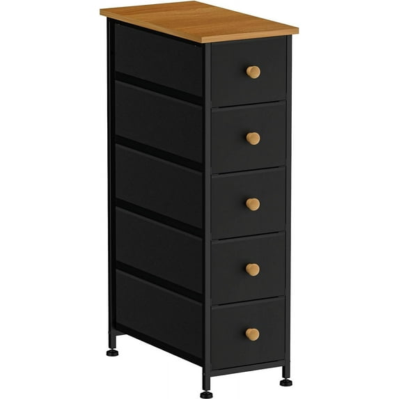 Narrow Dresser Storage Tower with 5 Drawers, Slim Dresser Chest of Drawers with Steel Frame, Wood Top, Golden Knobs, White Dresser for Bedroom, Bathroom, Small Spaces, Laundry, Closet,Black