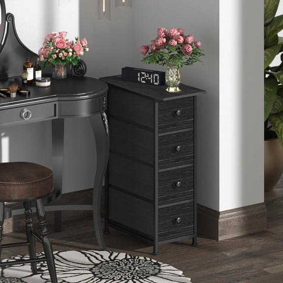 Narrow Dresser Vertical Slim Dresser Chest of Drawers Skinny Storage Tower for Small Spaces Gaps Closet Bedroom Bathroom Small Fabric Drawer Unit (Charcoal Black, 4 Drawers)