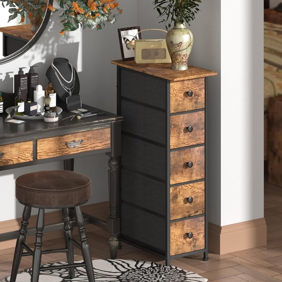 Narrow Dresser Vertical Slim Dresser Chest of Drawers Skinny Storage Tower for Small Spaces Gaps Closet Bedroom Bathroom Small Fabric Drawer Unit (Rustic Brown, 5 Drawers)