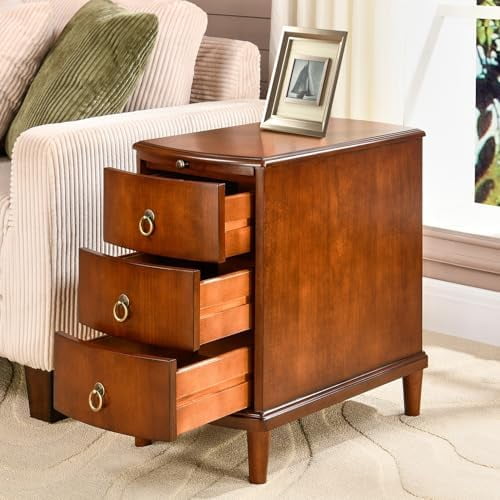 Narrow End Side Table with 3-Drawer and Pull-Out Tray, No-Tools Assembly Beside Table for Living Room, Slim Nightstand with Wood Legs, Sofa Side Tables, 23W x 22L x 22.6H Caramel Brown BG-A1569-MG