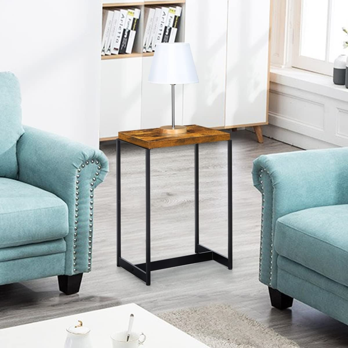 Compact Brown Wood and Metal Rectangular Side Table