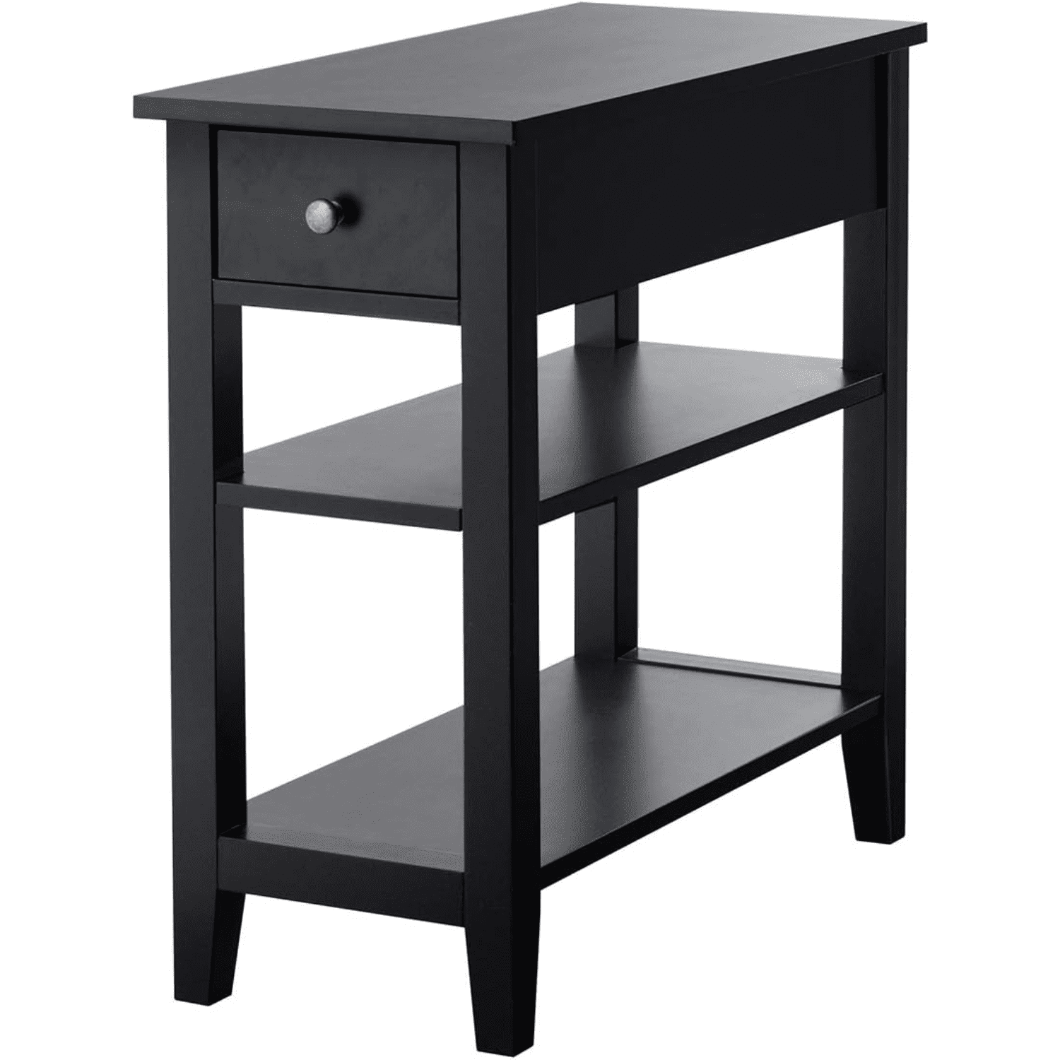 Black Wood Narrow End Table with Drawer and Shelves