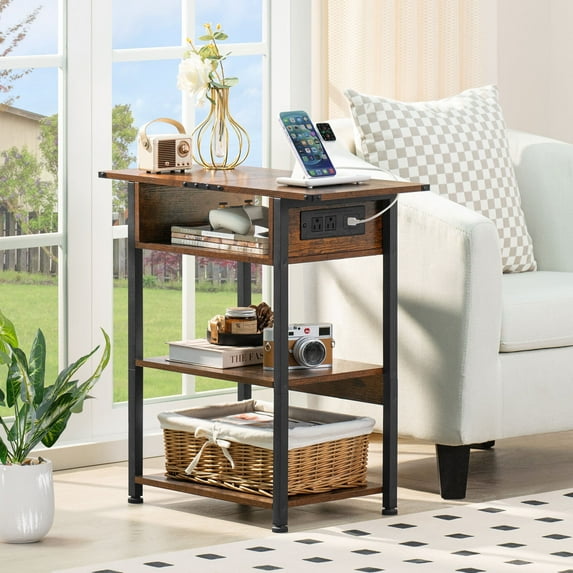 Narrow End Table with Charging Connection, 3 Tier Slim Side Table with Storage Shelf for Small Spaces, Maple End Tables Small Nightstand Magazine Rack for Bedoom