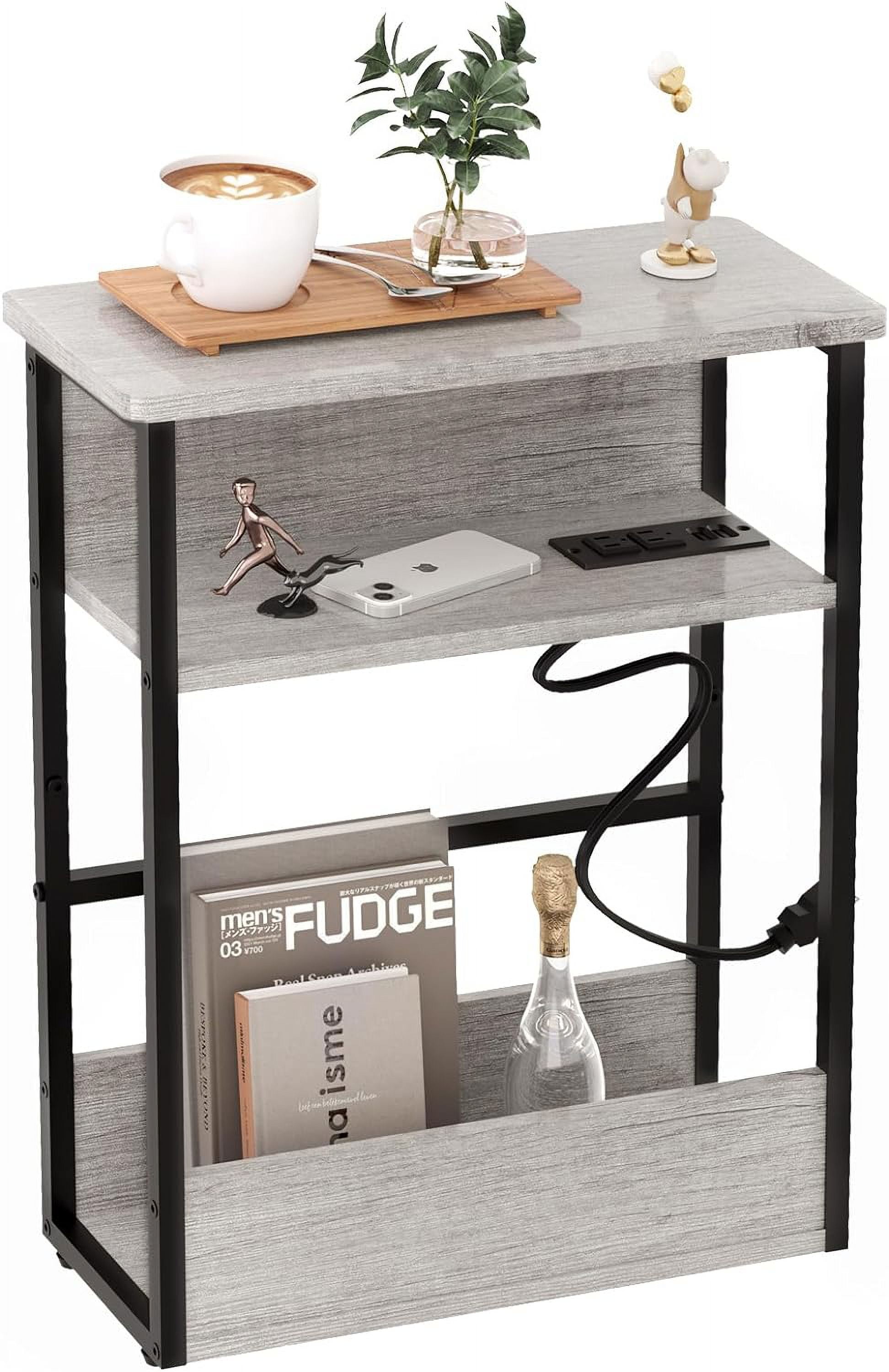 Narrow End Table with Charging Station, 3 Tier Slim Side Table for ...