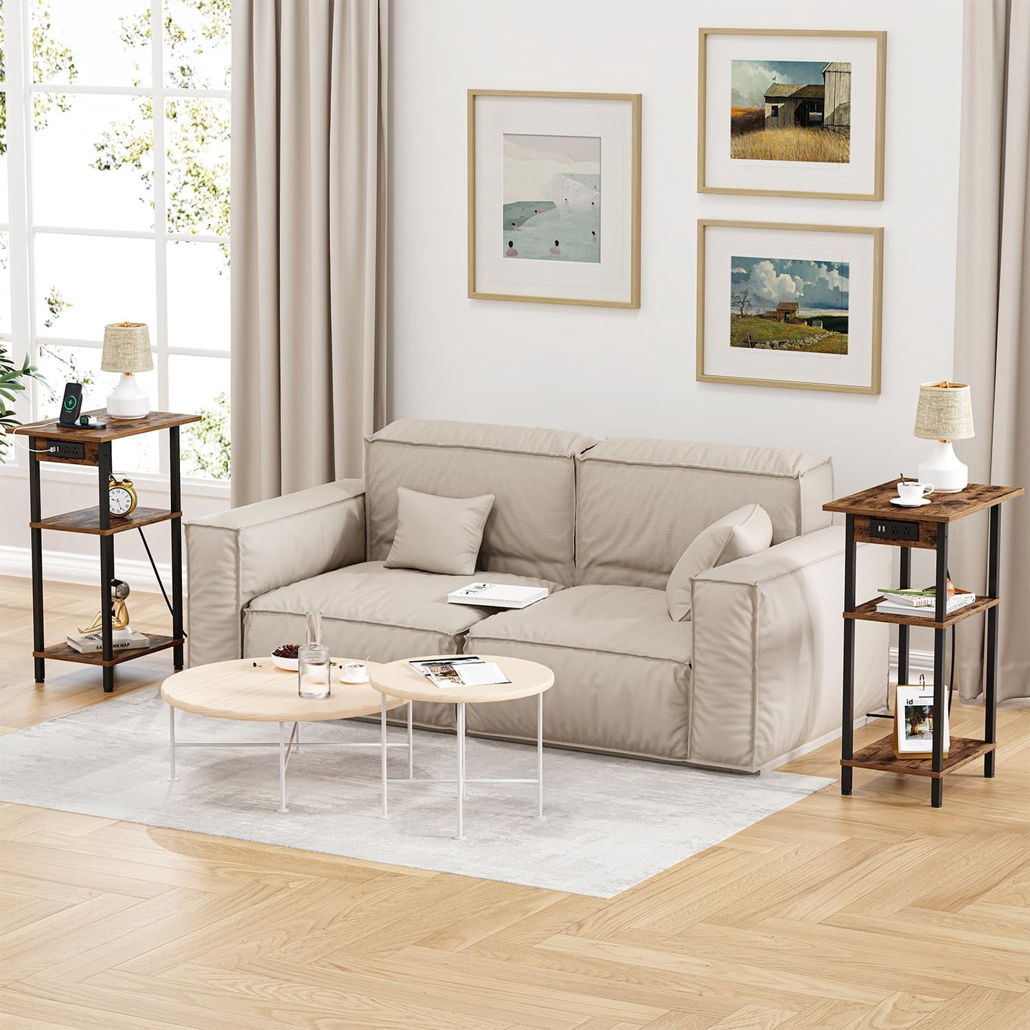 Narrow End Table with Charging Station, 3-Tier Tall Accent Table with ...
