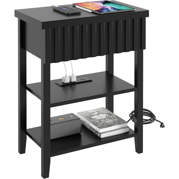Narrow End Table with Charging Station, Fluted Side Table with Drawer for Small Space, Modern Nightstand with Storage Shelves for Living Room Bedroom, Black