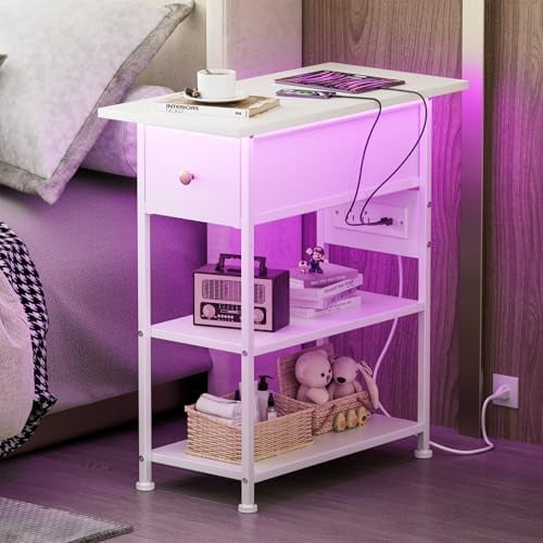 Narrow Nightstand with Charging Station, LED Nightstand with Fabric Storage Drawers&Shelves, Narrow Dresser for Bedroom, Small Spaces, College Dorm, Furniture Night Stand Bedside End Table, White